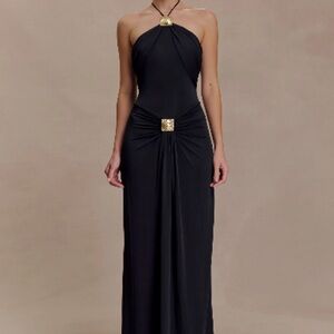 Meshki Black Strapless Gown with Gold Accents